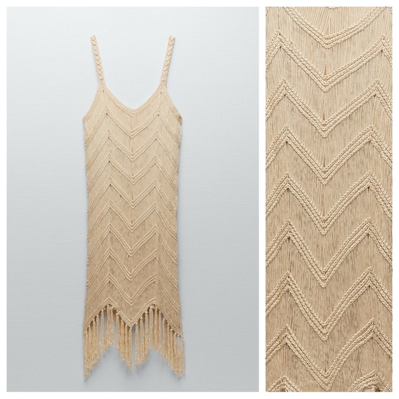 NWT. Zara Beige/Sand Limited Edition Crochet Midi Dress. Size L. - Picture 7 of 11